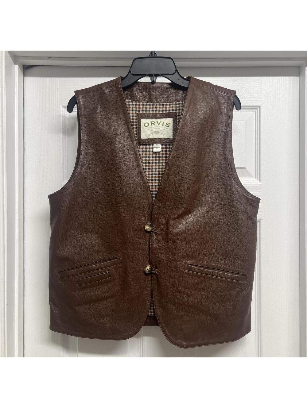 Orvis Brown Multi Pocket Leather Vest Sz. M 100% Cotton Plaid Lining